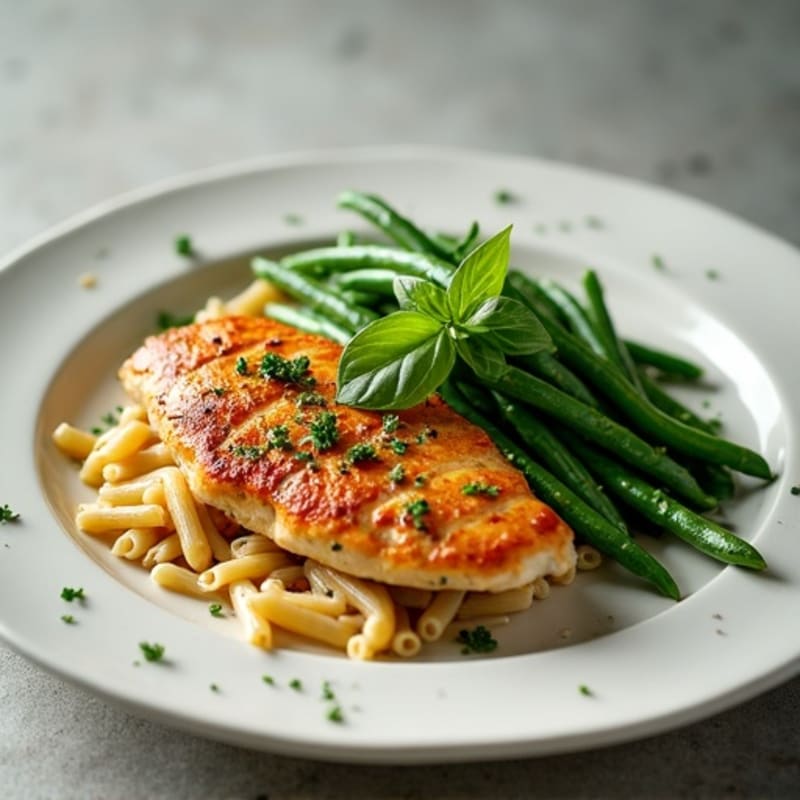 Seared Chicken Breast with Herb Pasta and Steamed Green Beans