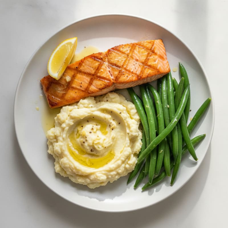 Seared Salmon with Steamed Green Beans and Garlic Mashed Cauliflower