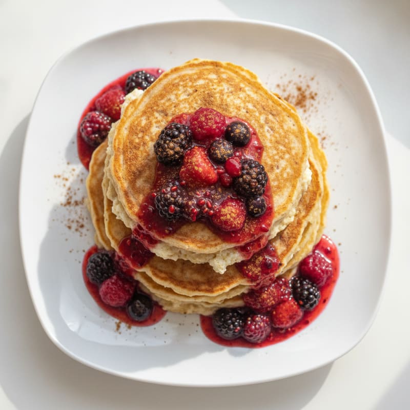 Cottage Cheese Oat Pancakes with Mixed Berry Compote