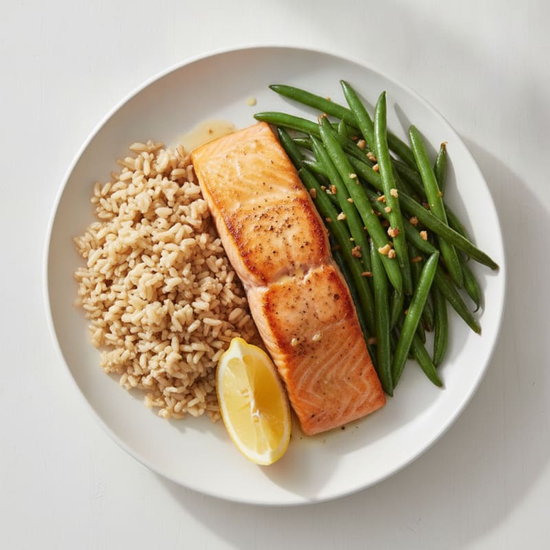 Seared Salmon Fillet with Garlic Green Beans and Brown Rice