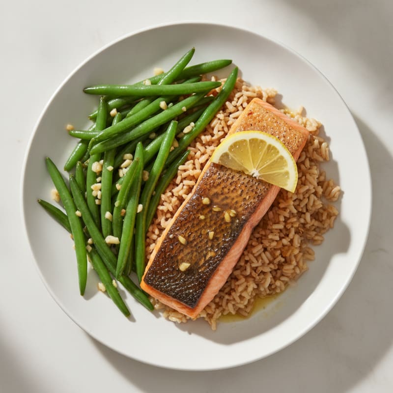 Seared Salmon Filet with Brown Rice and Garlic Green Beans