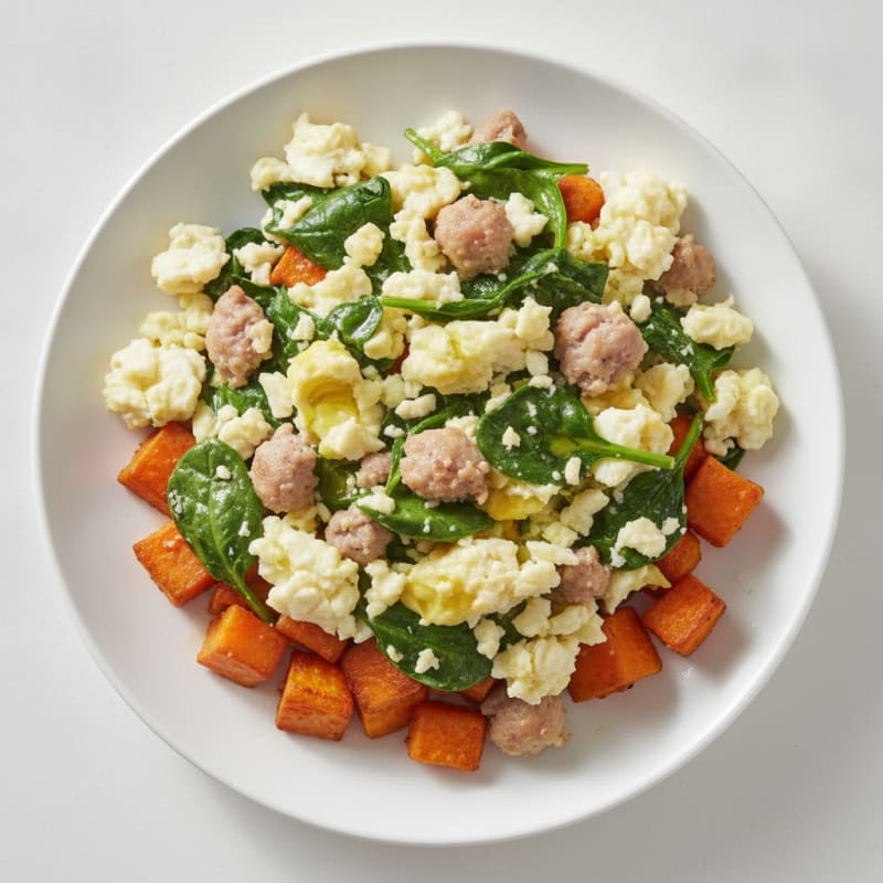 Egg White and Turkey Sausage Scramble with Spinach and Roasted Sweet Potato