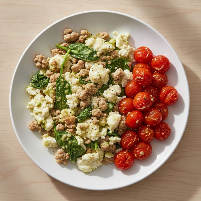 Egg White and Turkey Spinach Scramble with Roasted Cherry Tomatoes