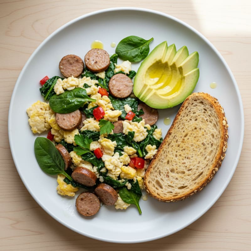 Egg White Spinach Scramble with Turkey Sausage