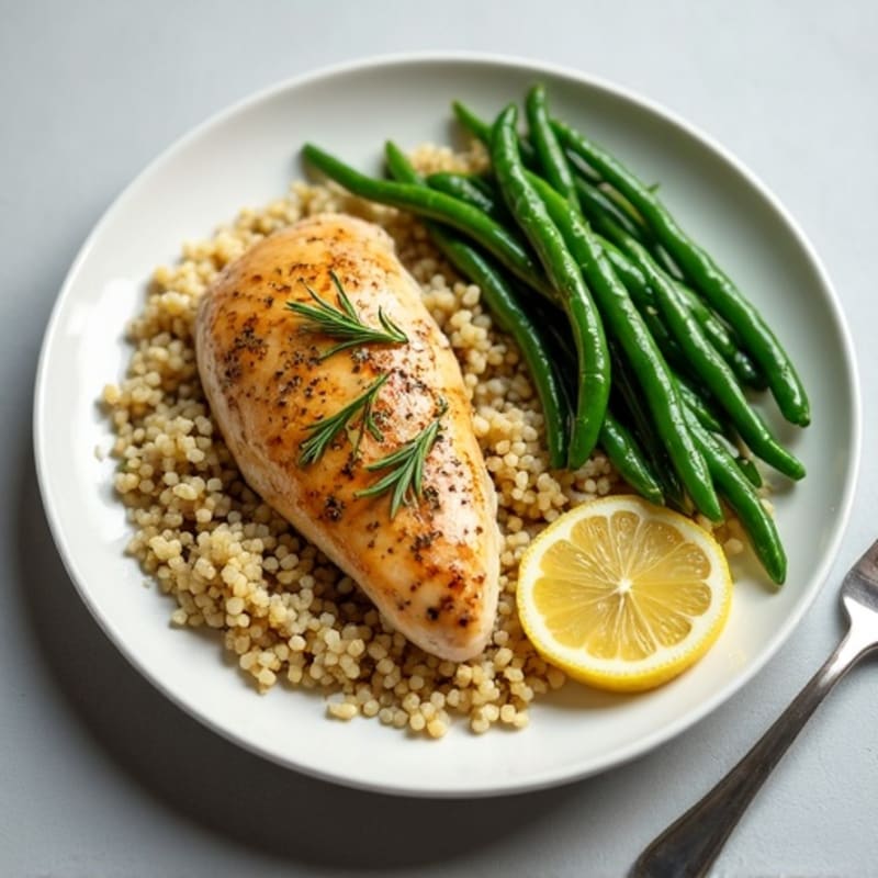 Lemon Herb Roasted Chicken with Crispy Green Beans and Quinoa