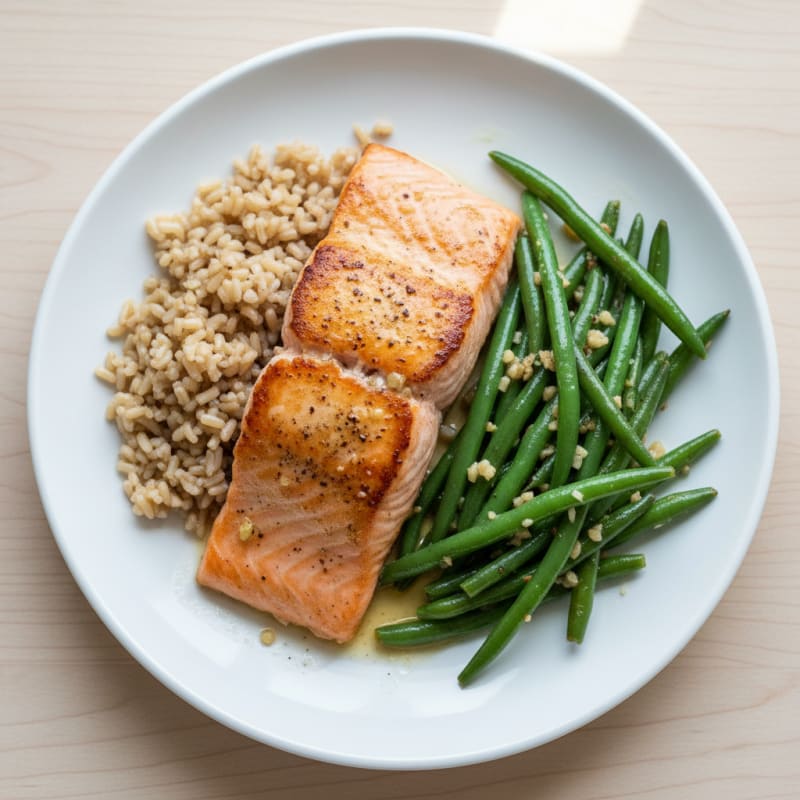 Seared Salmon Fillet with Garlic Green Beans and Brown Rice