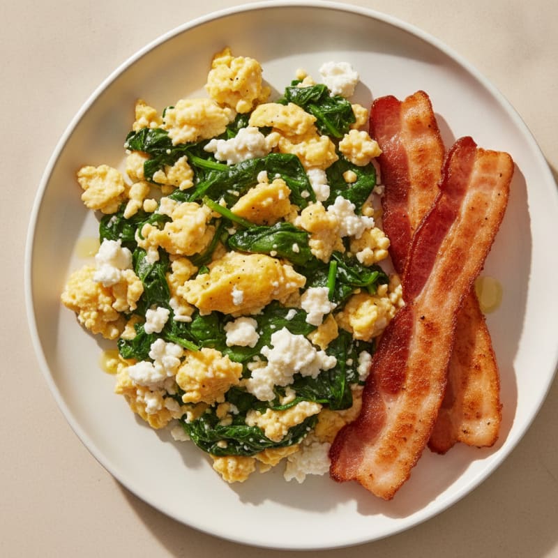 Cottage Cheese Egg Scramble with Sautéed Spinach and Turkey Bacon