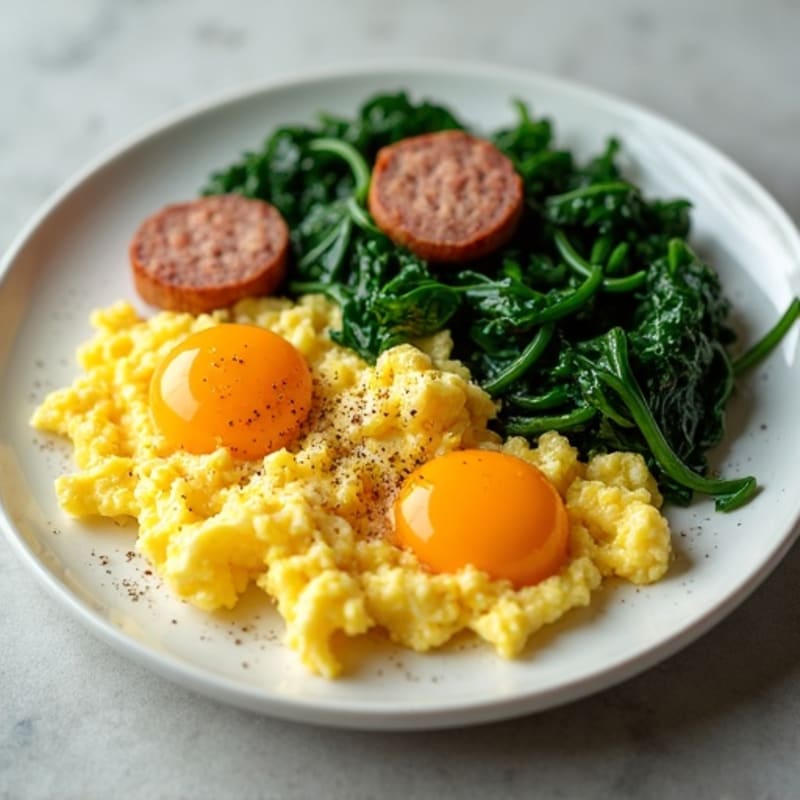 Scrambled Eggs with Turkey Sausage and Sautéed Spinach