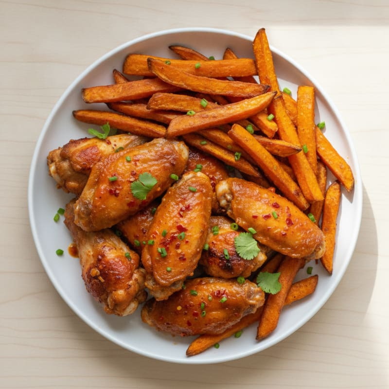 Crispy Baked Chicken Hot Wings with Baked Sweet Potato Fries