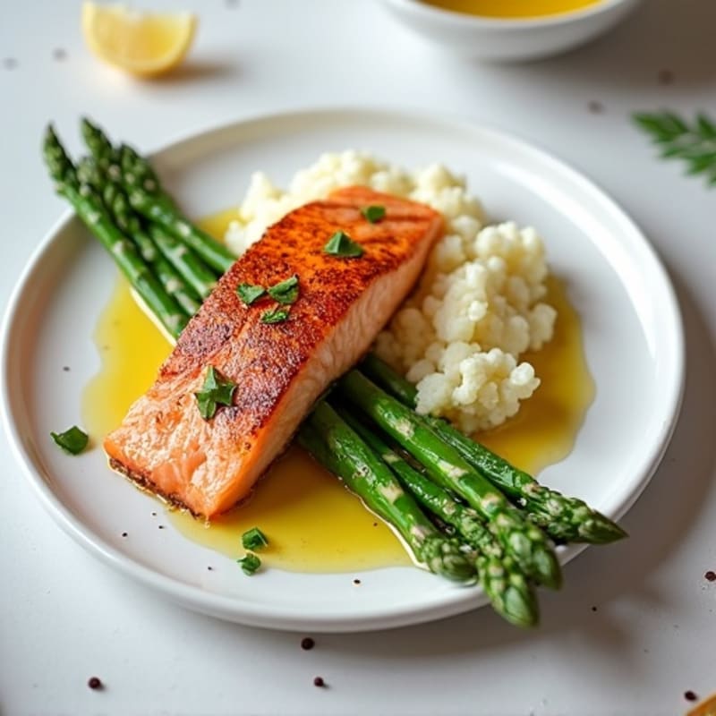 Seared Salmon with Steamed Asparagus and Garlic Cauliflower Mash