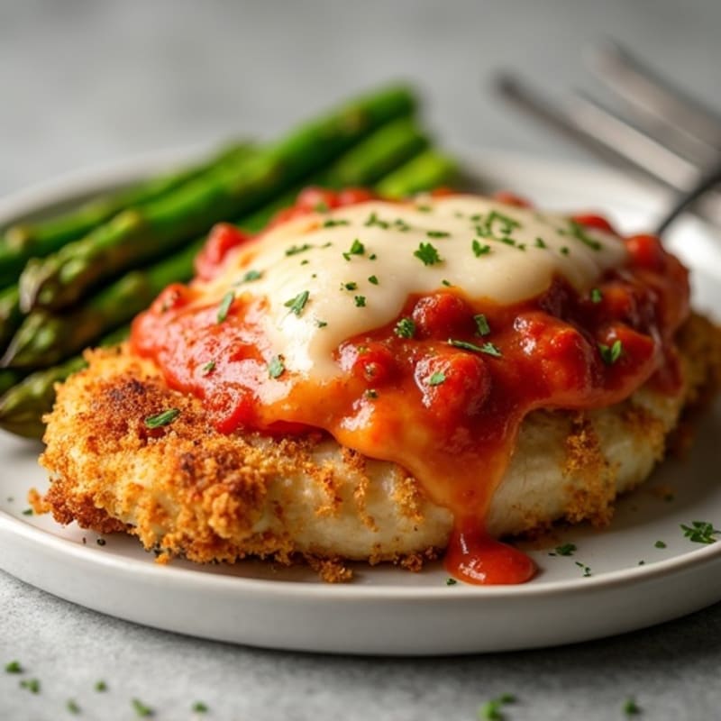 Crispy Baked Chicken Parmesan with Fresh Marinara and Roasted Asparagus
