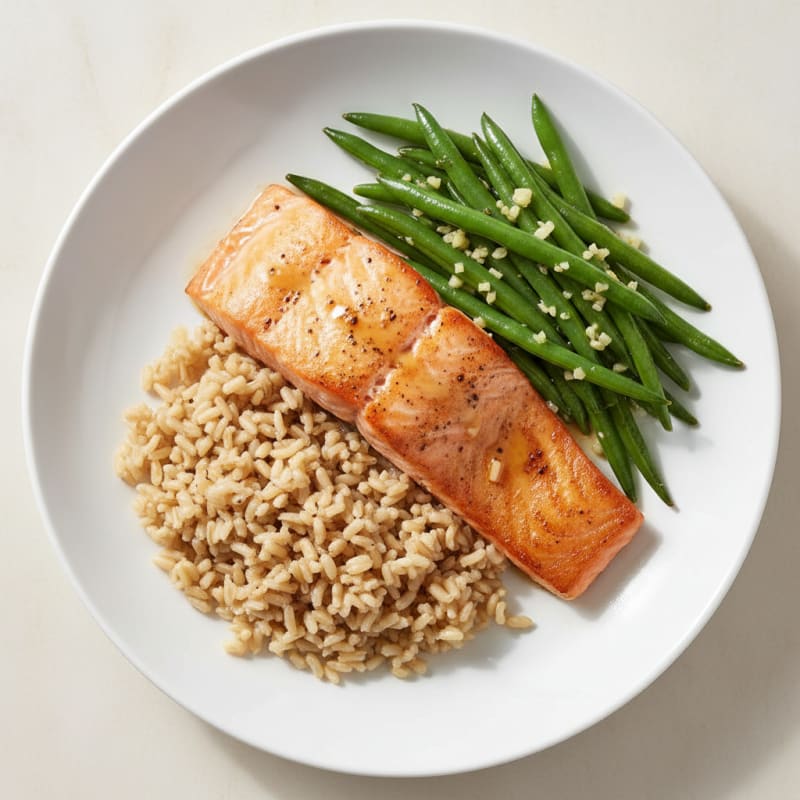 Seared Salmon Filet with Garlic Green Beans and Brown Rice