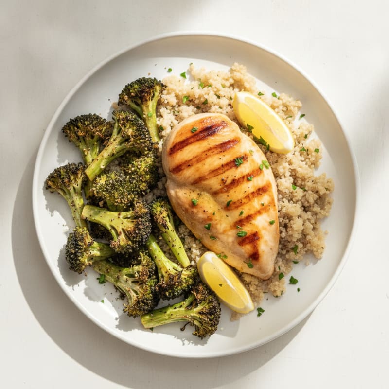 Grilled Chicken Breast with Roasted Broccoli and Quinoa