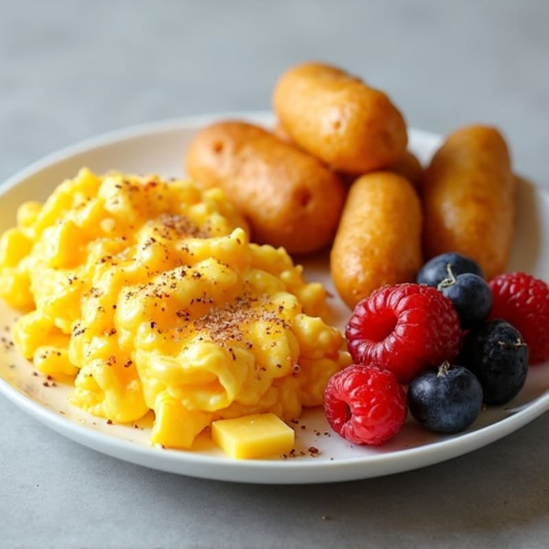 Cheesy Scrambled Eggs with Crispy Potatoes and Berries