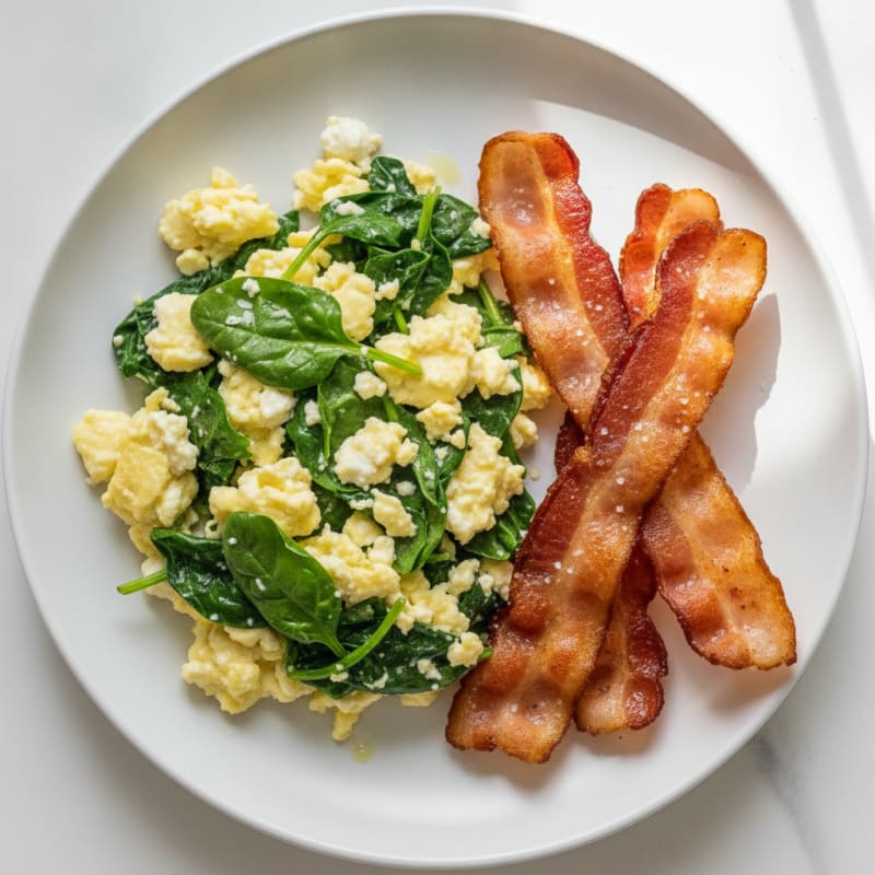 Cottage Cheese Egg Scramble with Sautéed Spinach and Turkey Bacon