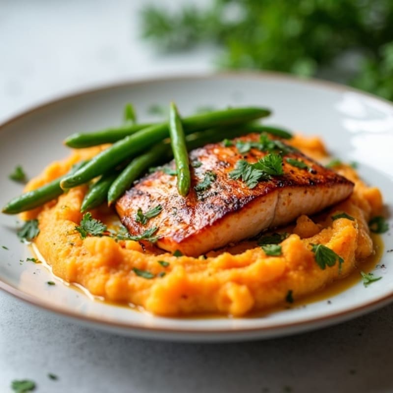Seared Salmon with Garlic Green Beans and Sweet Potato Mash