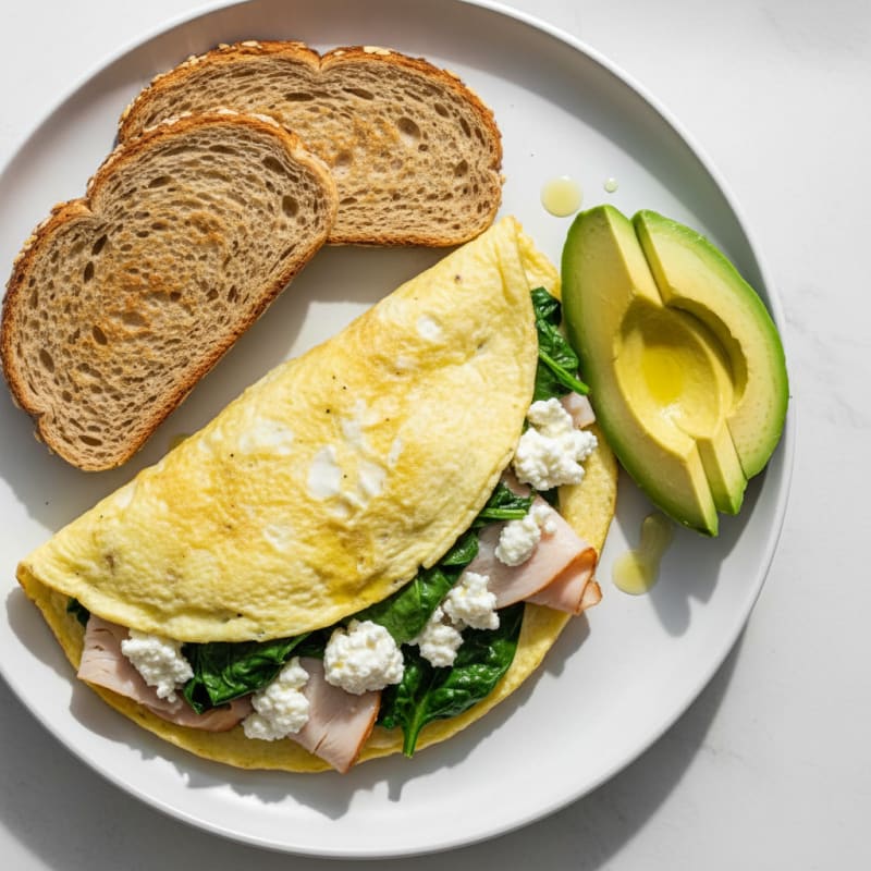Egg White Spinach Omelet with Cottage Cheese and Sliced Turkey