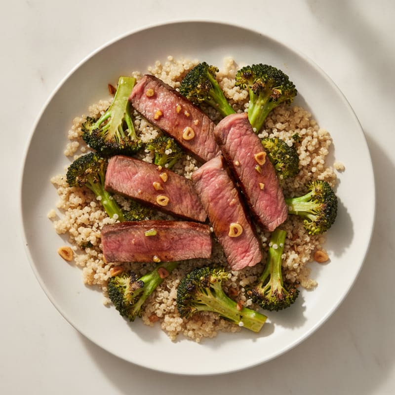 Seared Lean Beef Strips with Roasted Broccoli and Garlic Quinoa