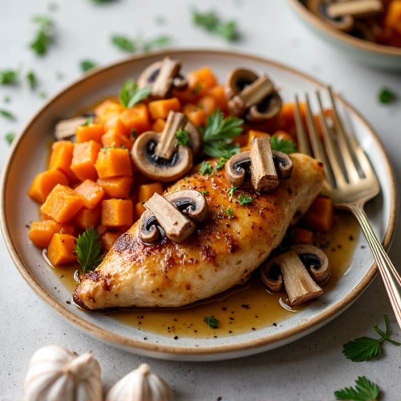 Roasted Chicken with Roasted Garlic Butter Mushrooms and Sweet Potato Hash