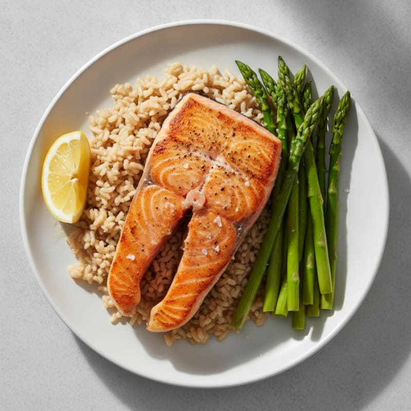 Seared Salmon with Steamed Asparagus and Brown Rice