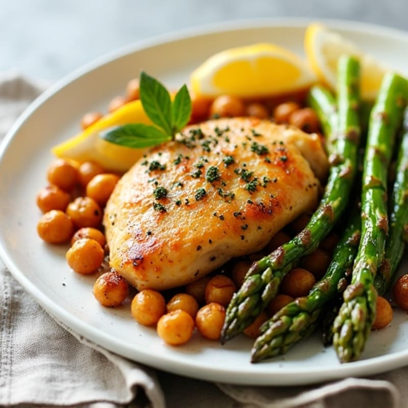 Lemon Herb Roasted Chicken with Crispy Chickpeas and Roasted Asparagus