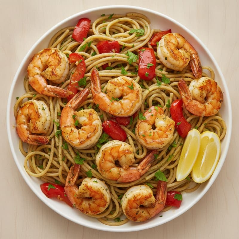 Seared Shrimp with Garlic Herb Pasta and Roasted Peppers