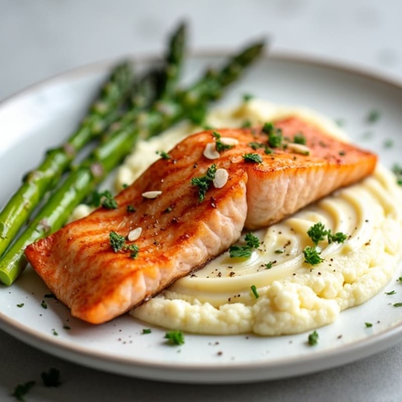 Seared Salmon with Roasted Asparagus and Cauliflower Mash