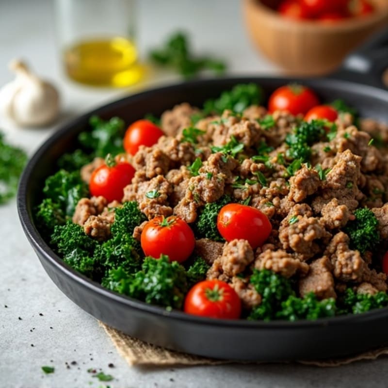 Garlic-Herb Ground Beef Skillet with Sautéed Kale and Roasted Tomatoes