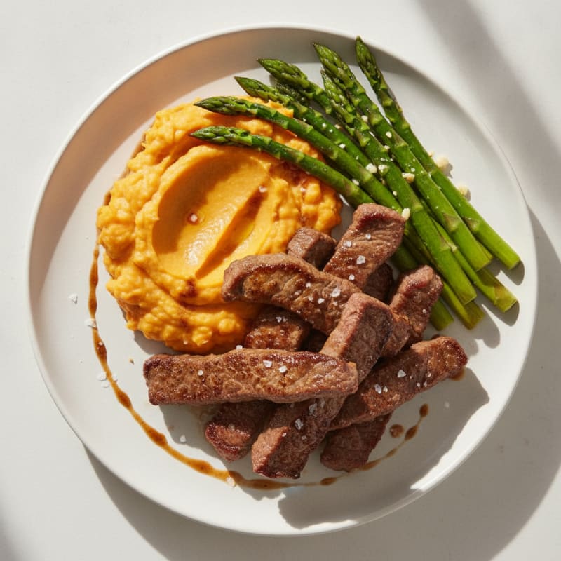 Seared Beef Strips with Steamed Asparagus and Sweet Potato Mash