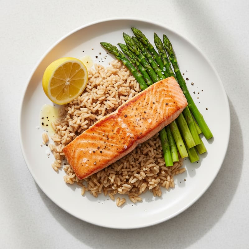 Seared Salmon with Steamed Asparagus and Brown Rice
