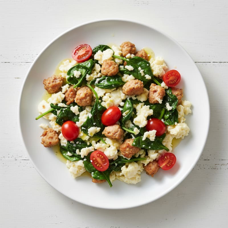 Scrambled Egg Whites with Turkey Sausage and Sautéed Spinach