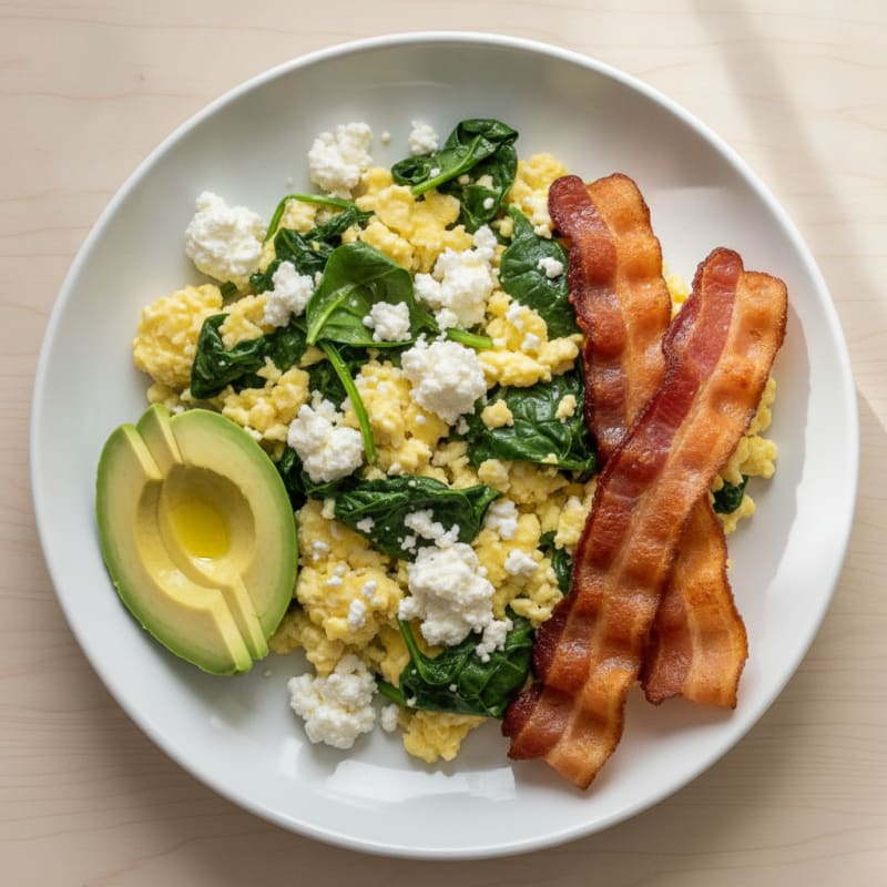 Cottage Cheese Scramble with Spinach and Turkey Bacon