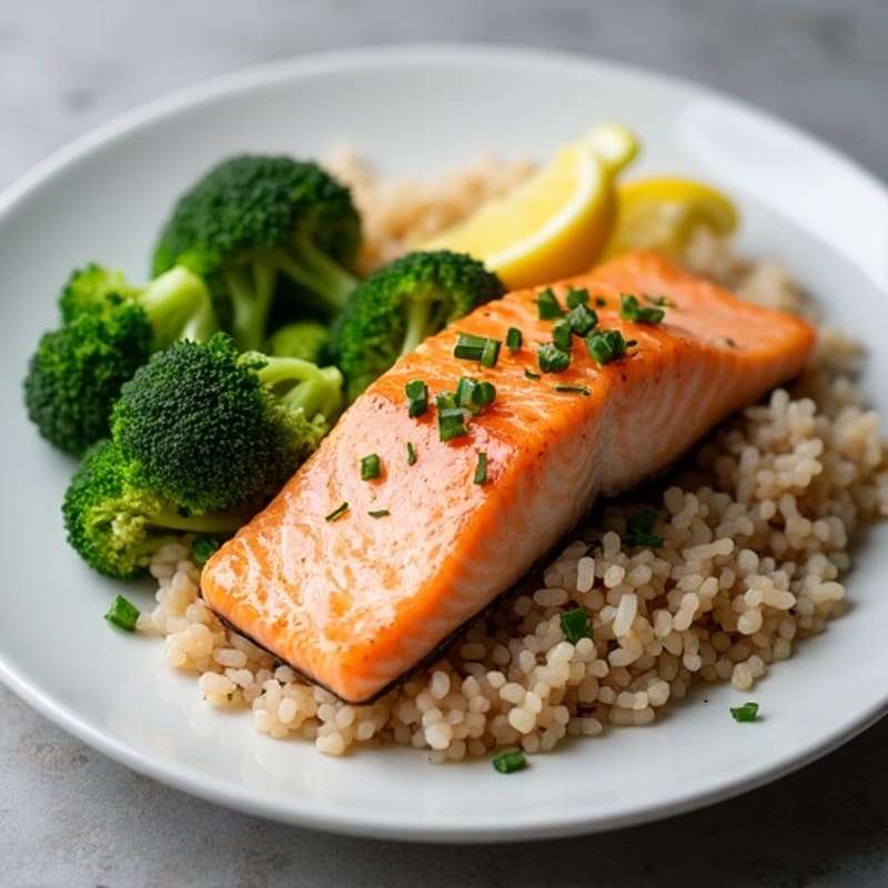 Seared Salmon with Steamed Broccoli and Brown Rice