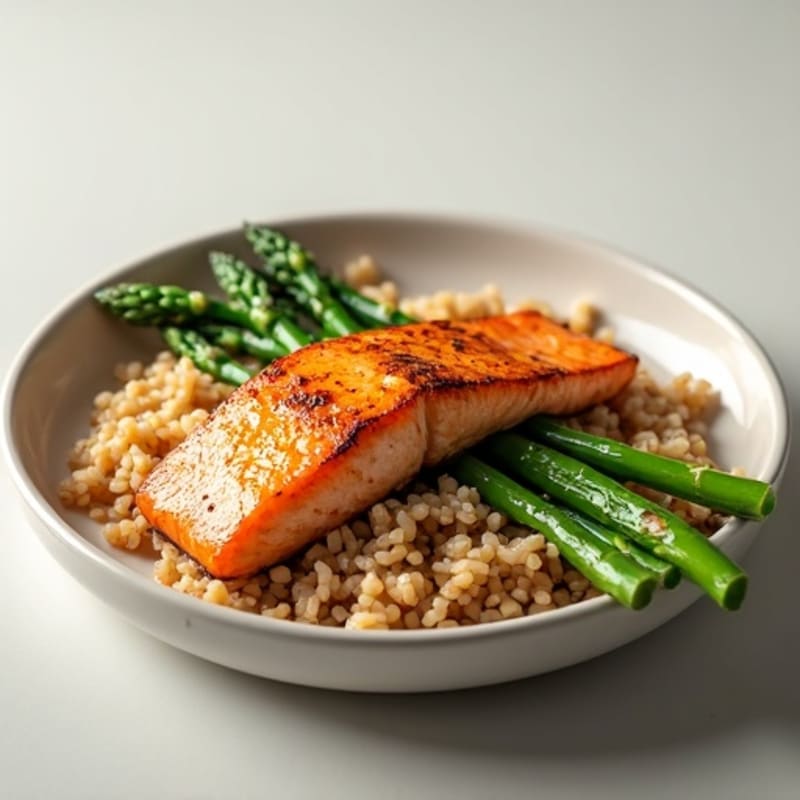 Seared Salmon with Steamed Asparagus and Brown Rice