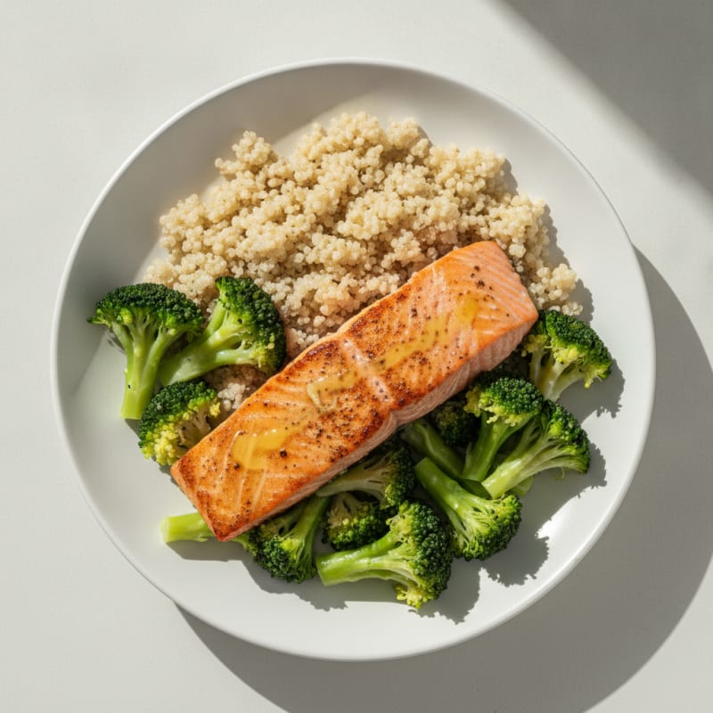 Seared Salmon with Steamed Broccoli and Quinoa