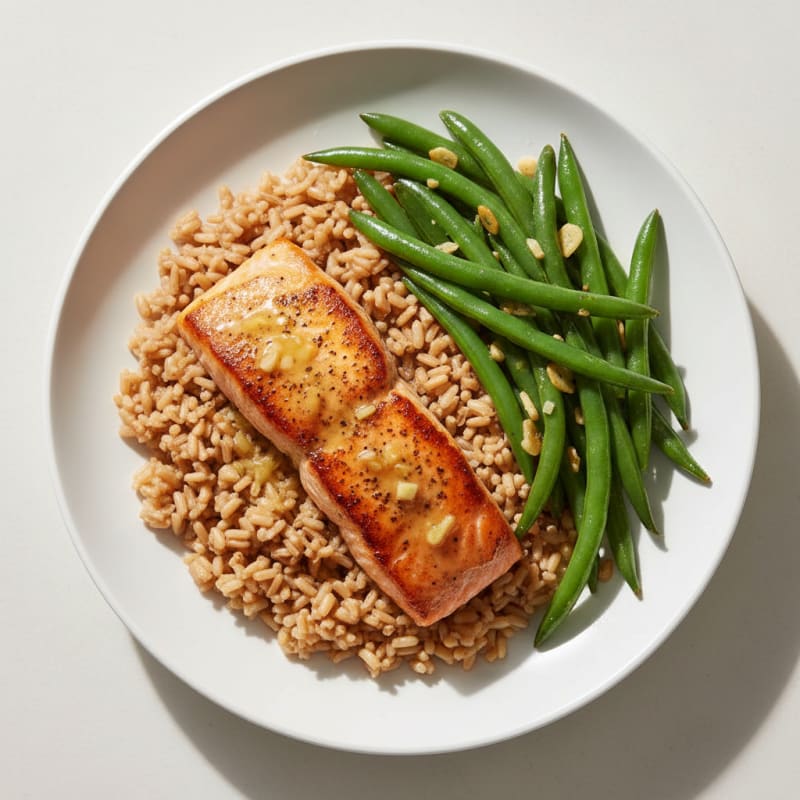 Seared Salmon with Garlic Green Beans and Brown Rice