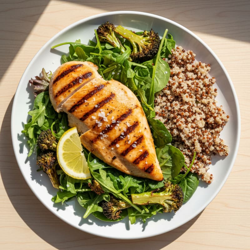 Grilled Chicken Breast Salad with Quinoa and Roasted Broccoli