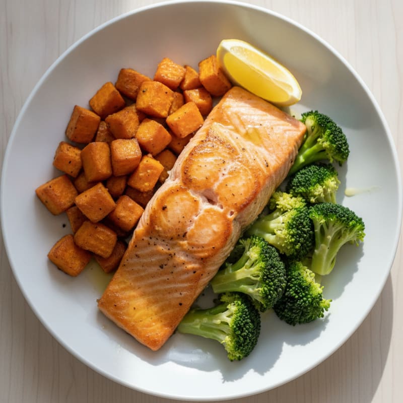 Seared Salmon with Roasted Sweet Potatoes and Steamed Broccoli