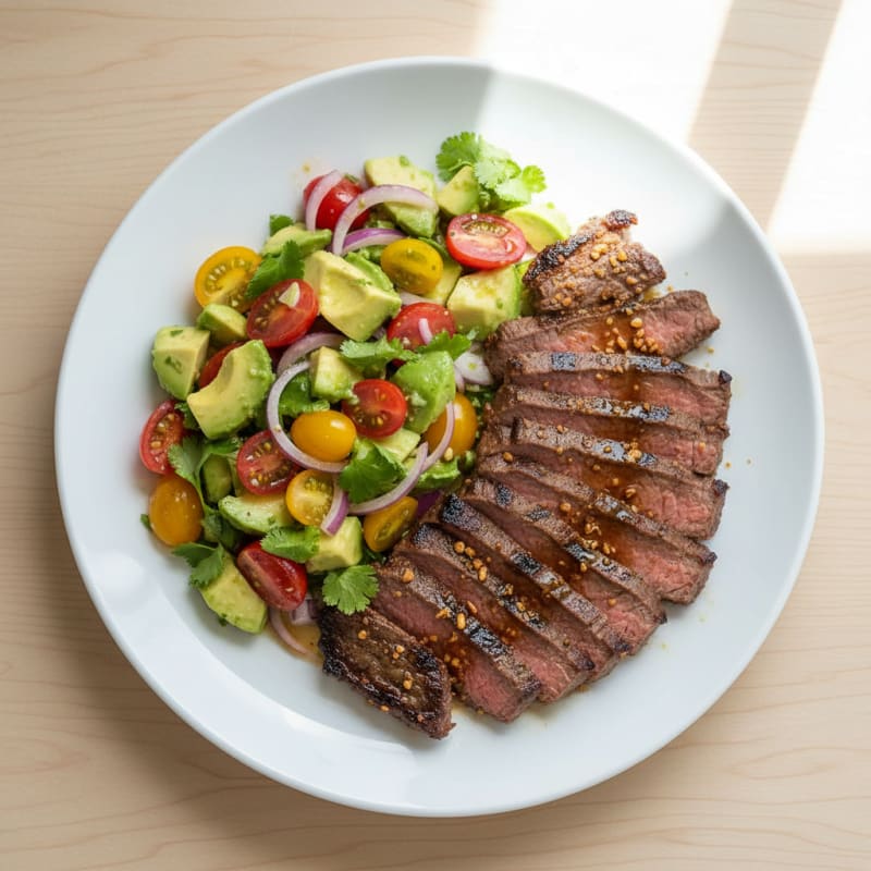 Grilled Beef Suya with Avocado Tomato Salad