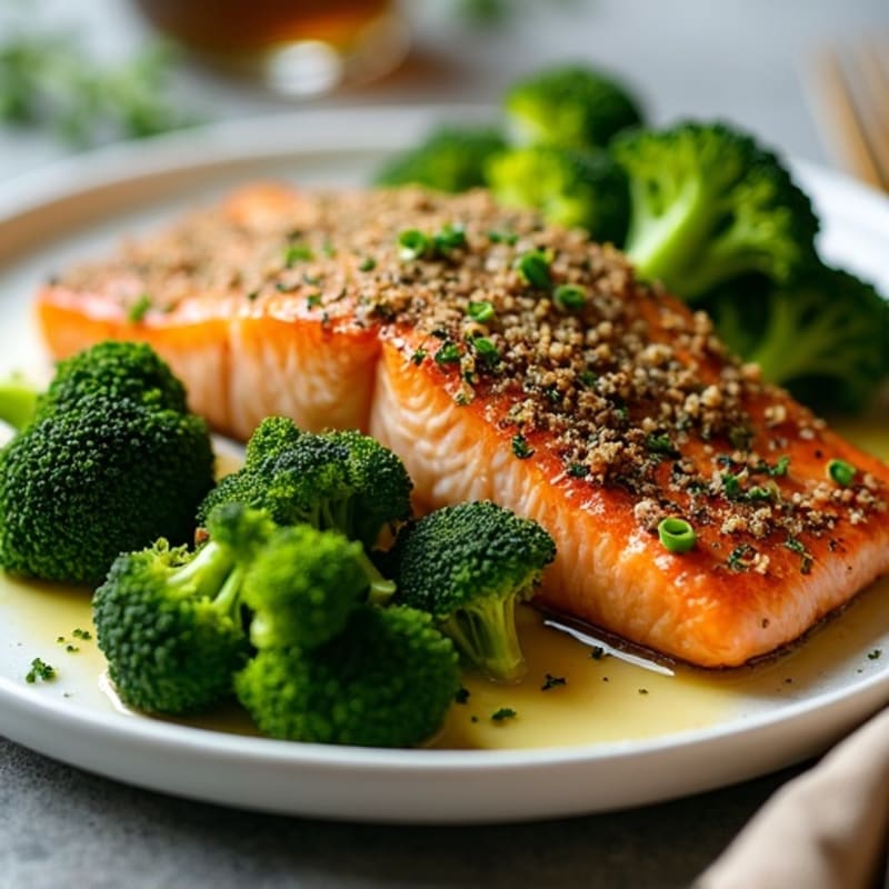 Herb-Crusted Pan Seared Salmon with Roasted Broccoli