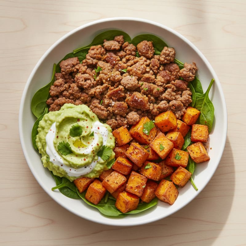 Ground Beef Bowl with Sweet Potatoes and Guacamole