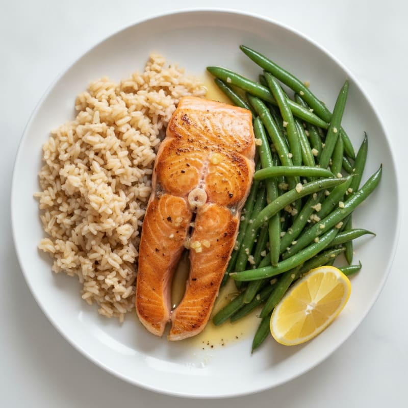Seared Salmon Fillet with Garlic Green Beans and Brown Rice