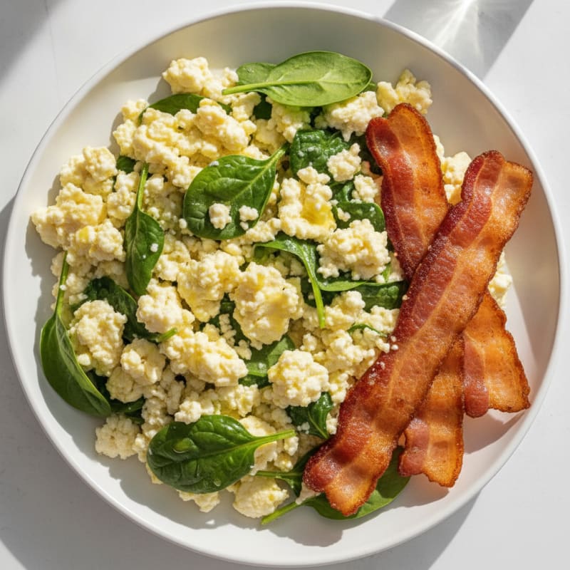 Cottage Cheese Scramble with Spinach and Turkey Bacon