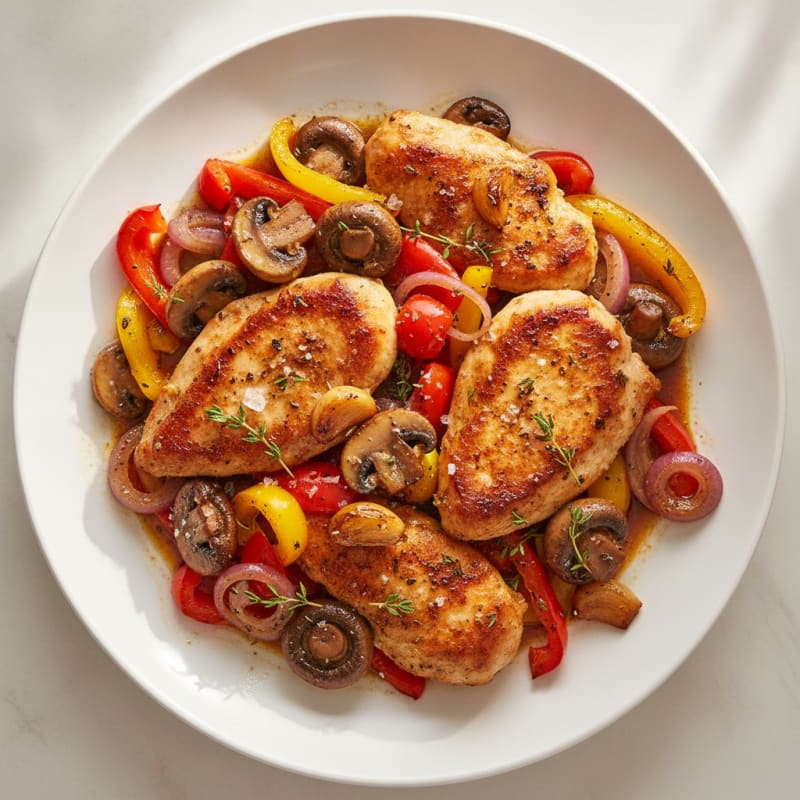 Garlic Chicken with Roasted Peppers and Mushrooms