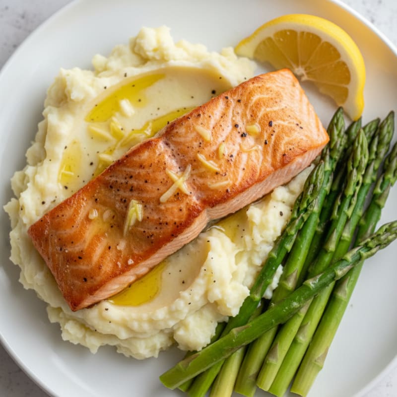 Seared Salmon with Steamed Asparagus and Garlic Mashed Potatoes
