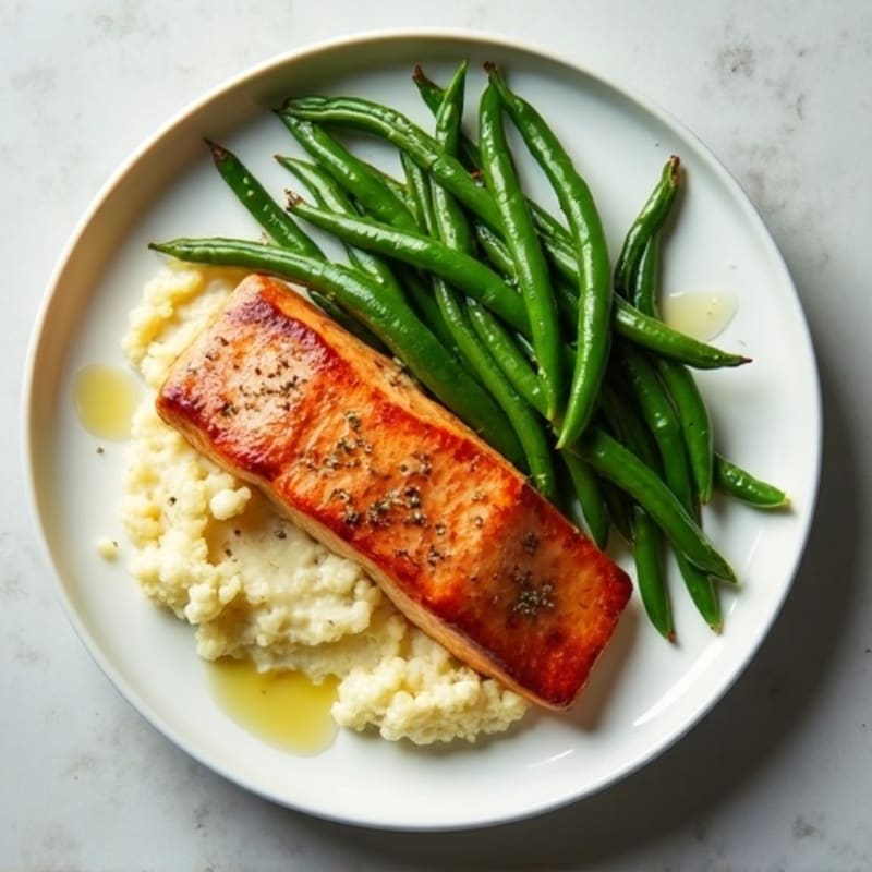 Seared Salmon with Garlic Green Beans and Cauliflower Mash