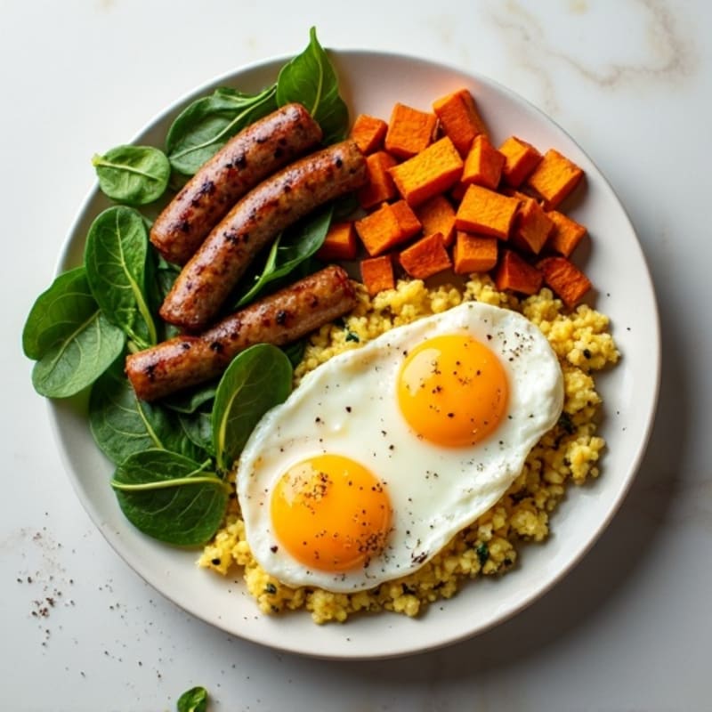 Egg White and Turkey Sausage Scramble with Spinach and Roasted Sweet Potatoes