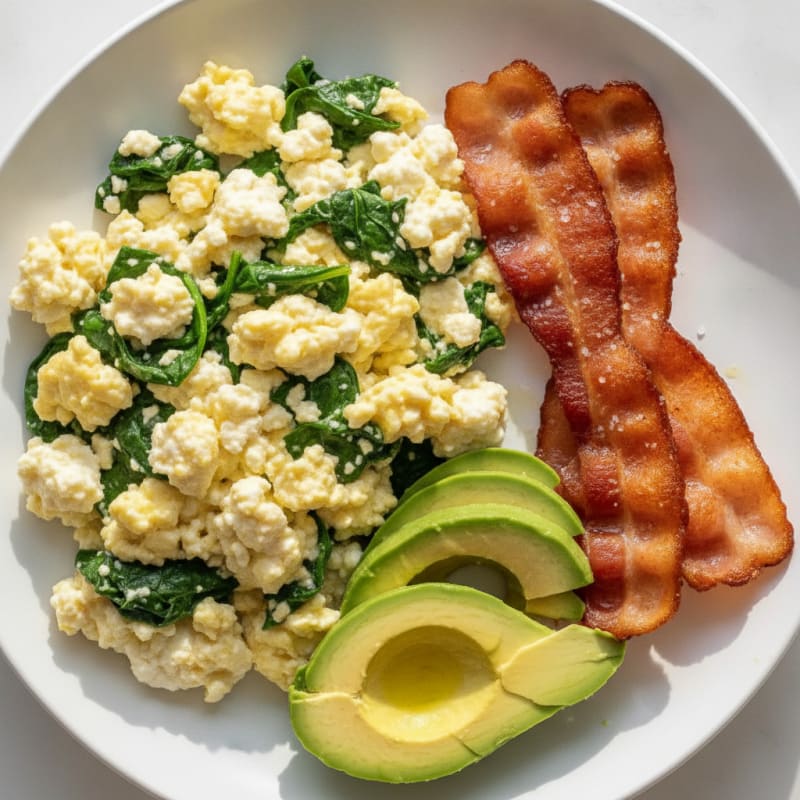 Cottage Cheese Egg Scramble with Spinach and Turkey Bacon
