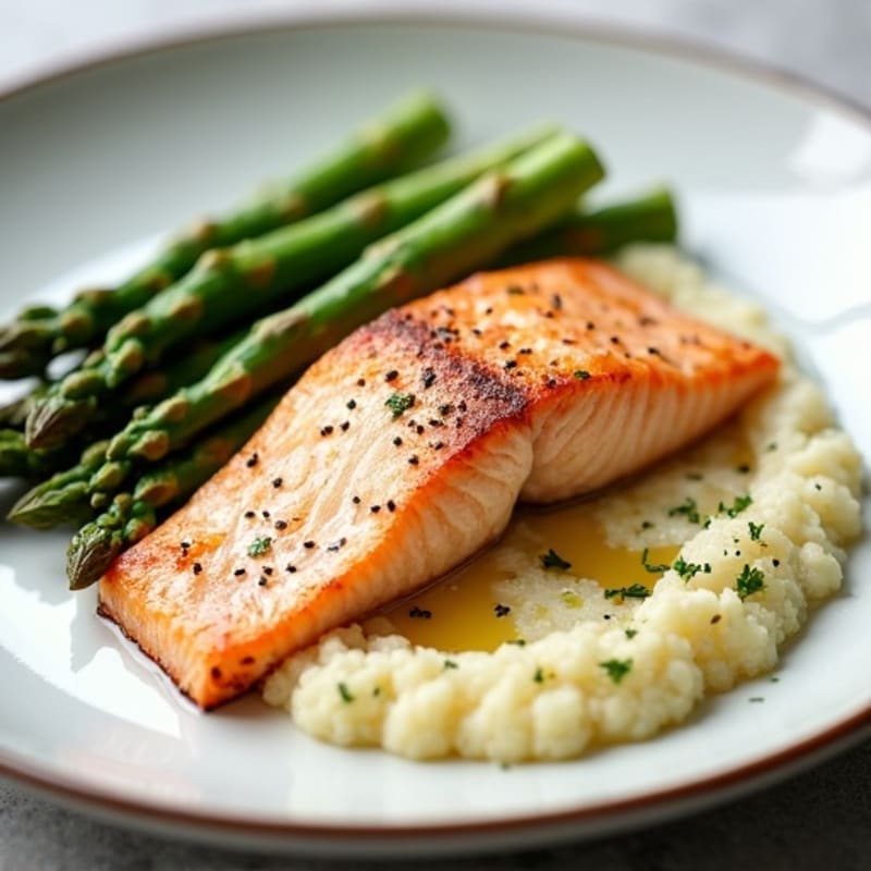 Seared Salmon with Steamed Asparagus and Cauliflower Mash