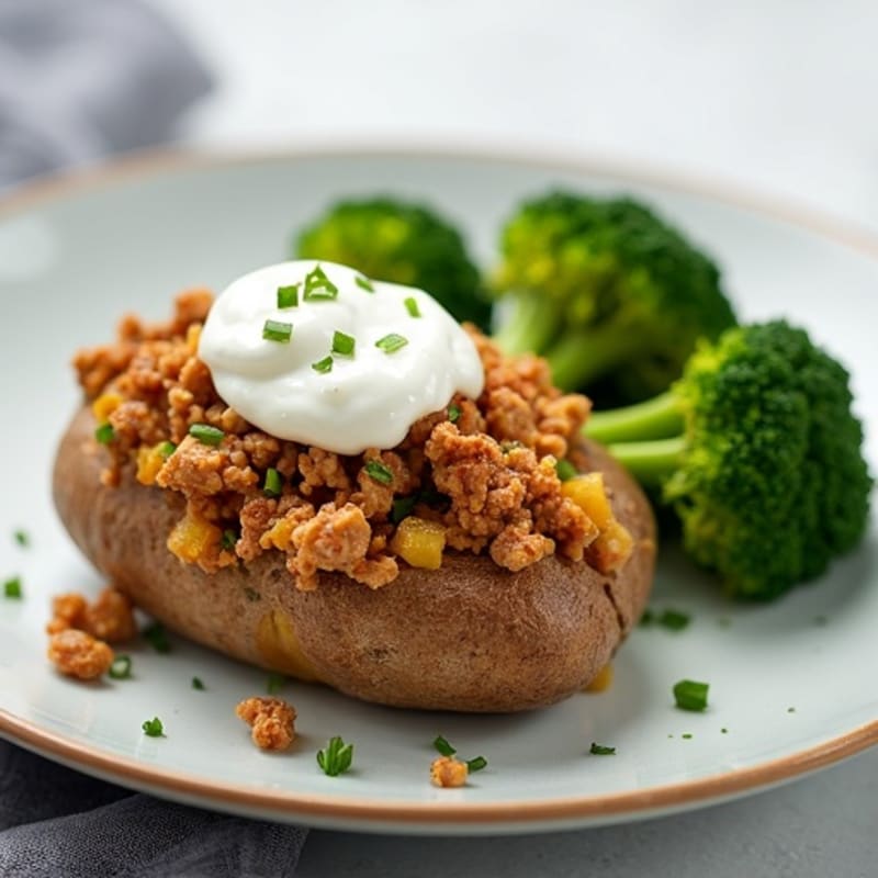 Crispy Baked Potato with Lean Ground Turkey, Steamed Broccoli, and Creamy Greek Yogurt
